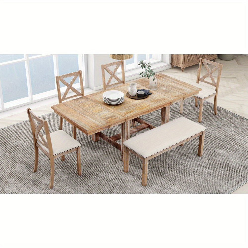 Thompson 6-Piece Farmhouse Dining Set- 82" Extendable Table with Footrest, 4 Upholstered Chairs & Bench, Natural beige Cushions