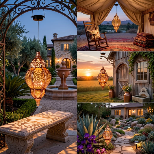 Metal Wall Mounted Lantern | Copper Hollow Solar Light, Suitable for Outdoor Terrace, Channel, Courtyard, Front Porch, Backyard Garden Decoration, Solar Charging, Nickel Battery