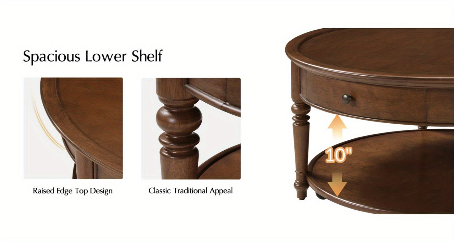 Bennett Round Walnut Coffee Table | 2-Tier with Drawer & Casters
