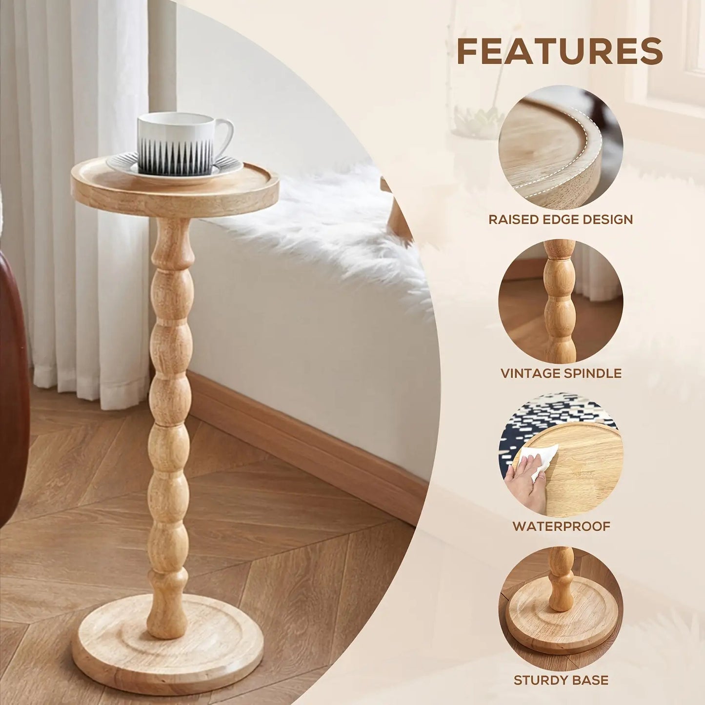Rowan Modern Round Side Table | Rubberwood Wood Top & Frame