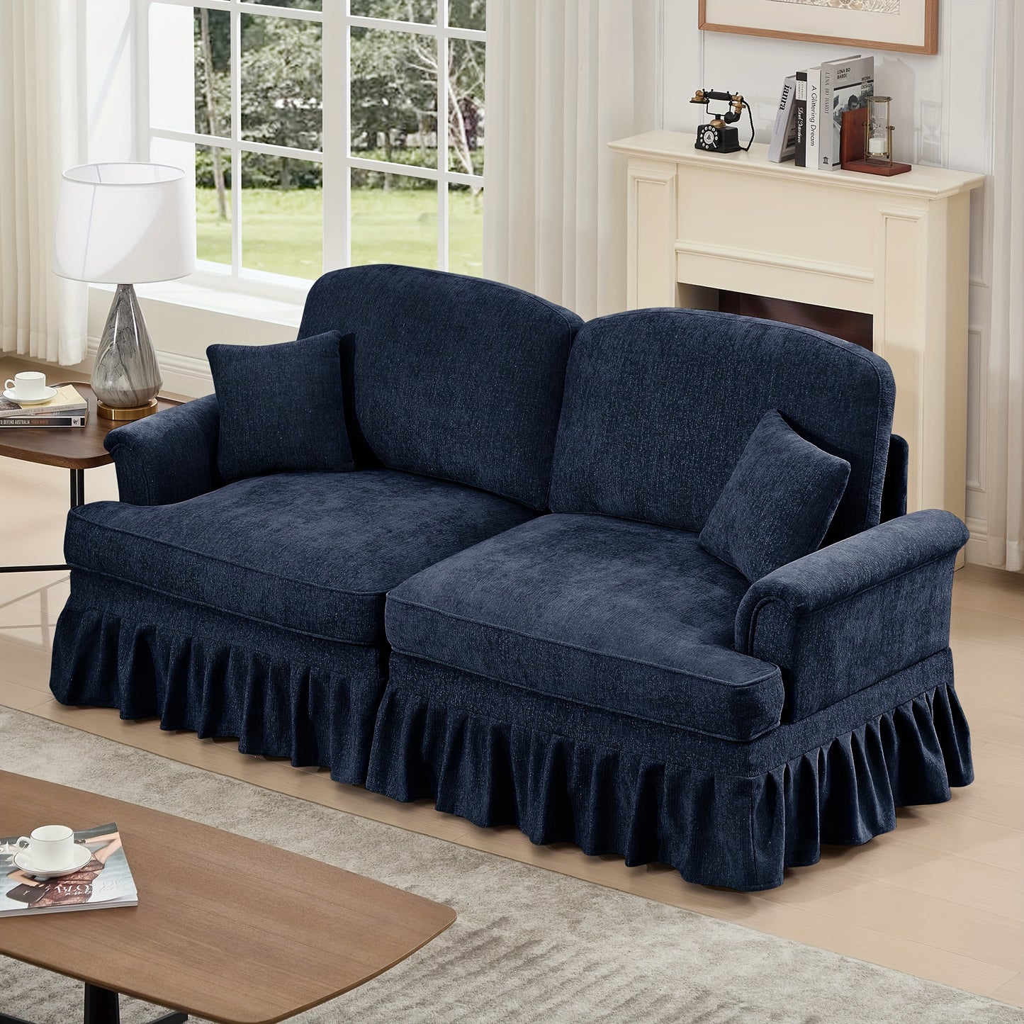 76.4 Inch Chenille Modular Sectional Sofa - 2-Seat L-Shaped Couch with Detachable Ruffled Skirt, Plush Foam Cushions & Hardwood Frame, Comfy Deep Seat, Retro Modern Design for Living Room & Apartment, Easy Assembly, Durable &