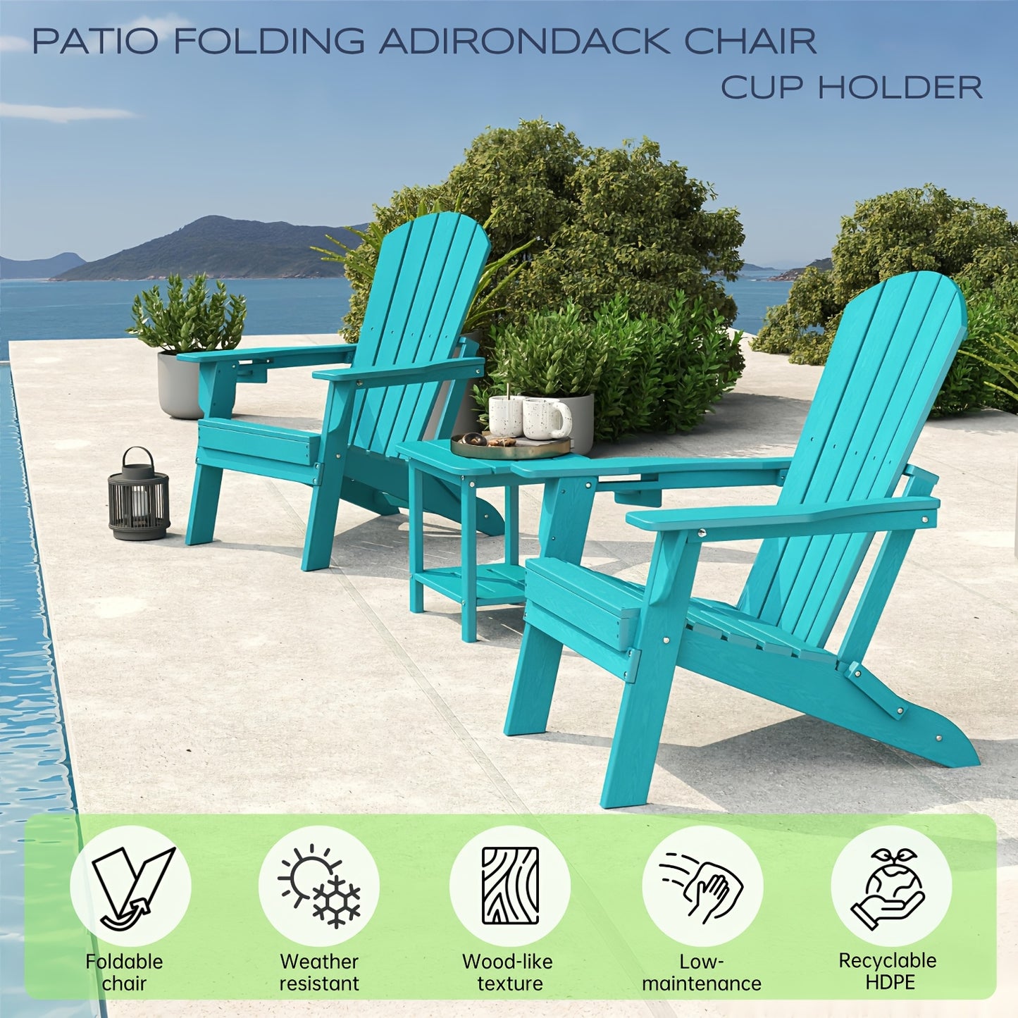 HDPE Folding Adirondack Chair 4Pack/6Pack, All-Weather Fire Pit Chairs with Cup Holder, Outdoor Lawn Chair for Patio Garden