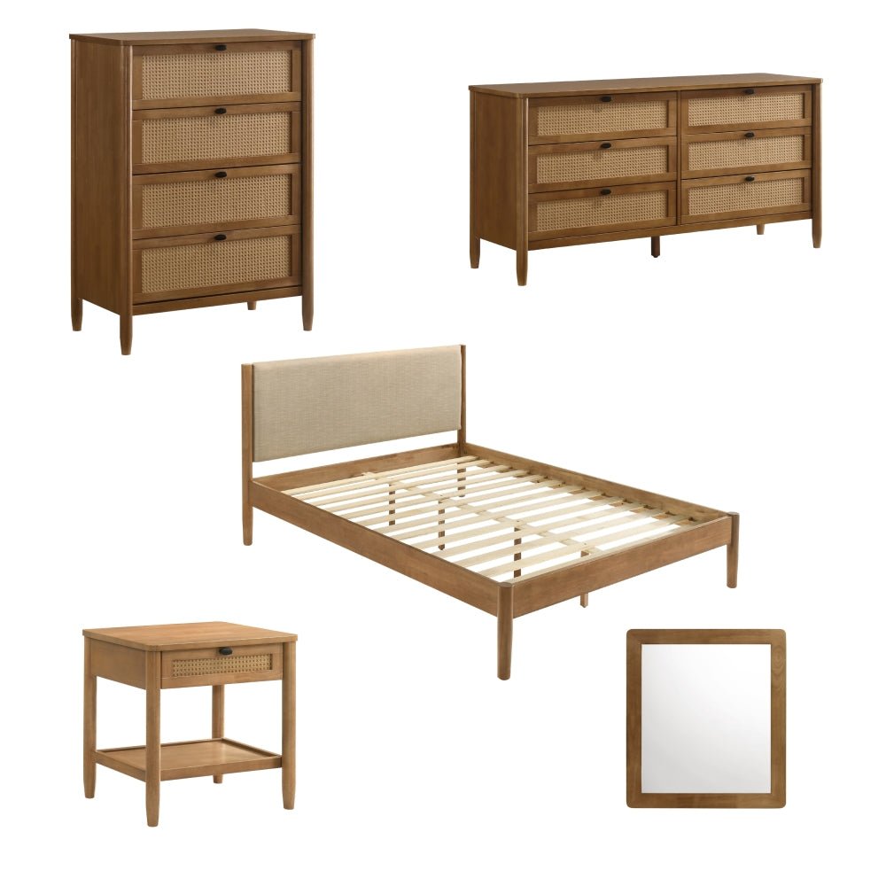 Hemsworth 5 - Piece Bedroom Set – Natural Wood Tone & Upholstered Comfort - solid wood furniture by Chic Woods