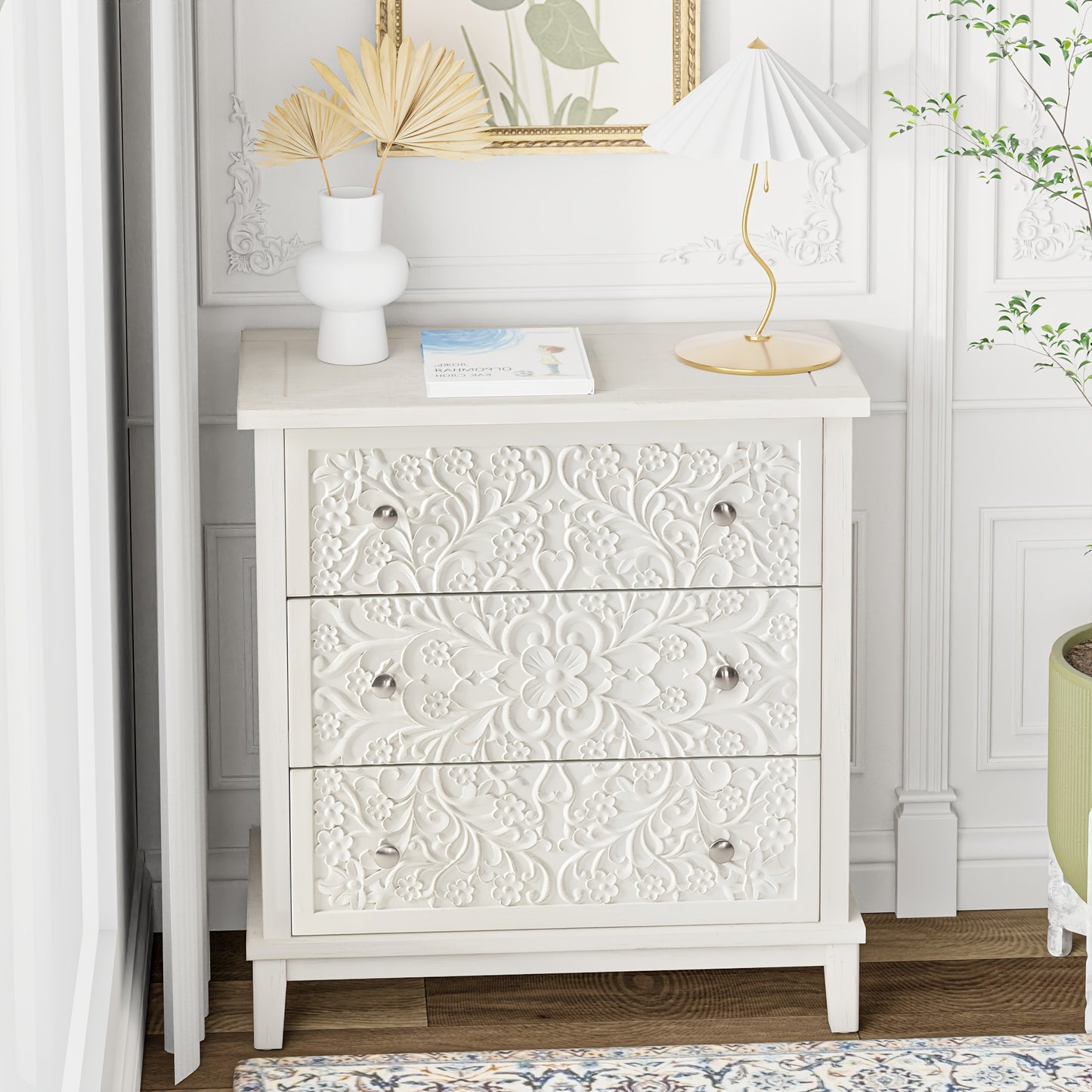 Rustic Farmhouse 3-Drawer Dresser with Floral Motif