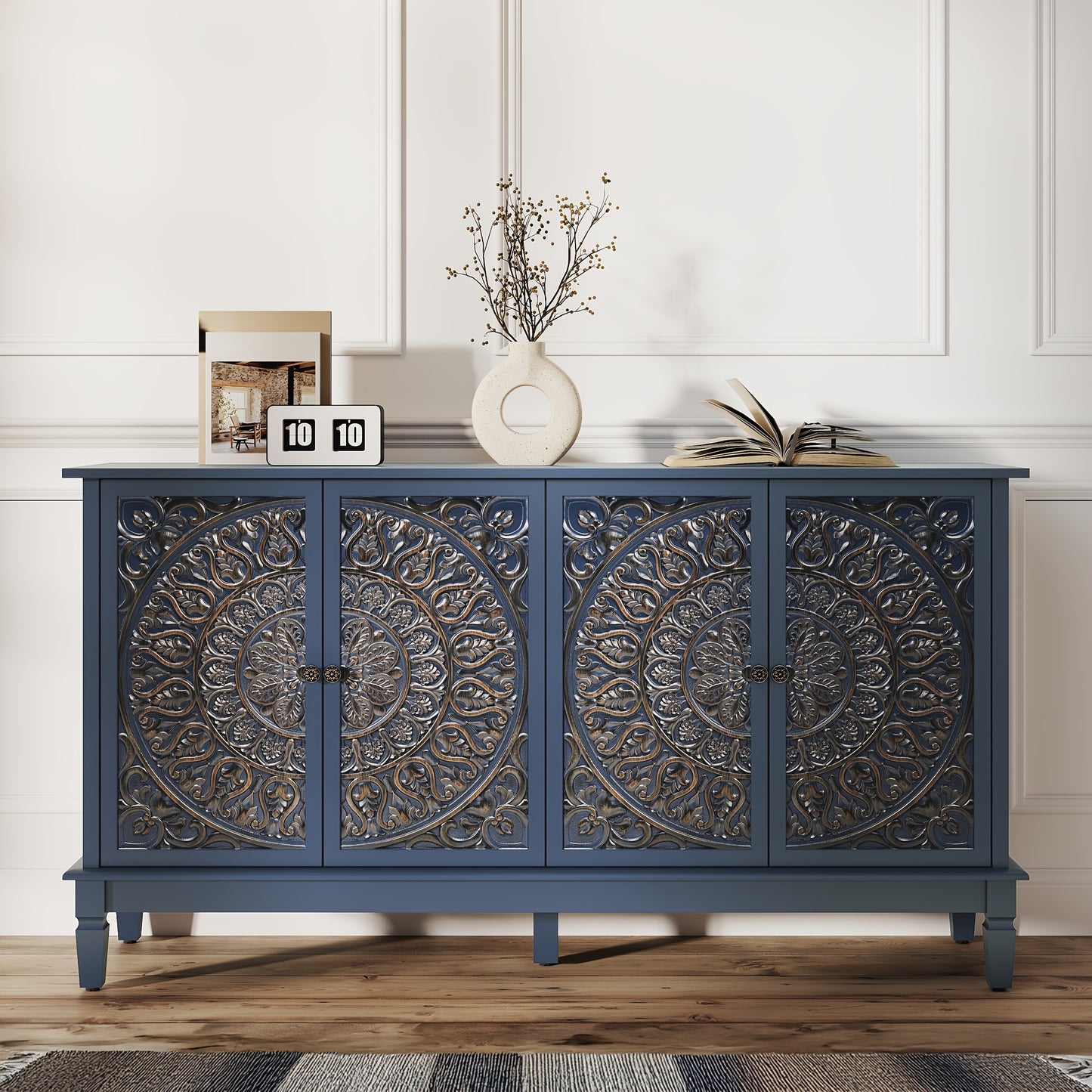 59" Modern Sideboard Buffet Cabinet | Carved and Painted Floral Door Panel, Adjustable Shelves, 4-Door Wood Storage Cabinet Suitable for Entryway, Dining Room, Living Room, Bedroom, TV Console, Hardwood, Assembly Required