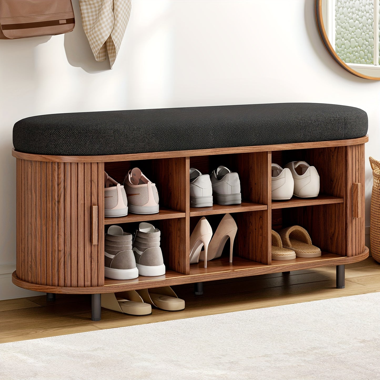 Arlington Walnut Entryway Bench with Sliding Door Shoe Storage