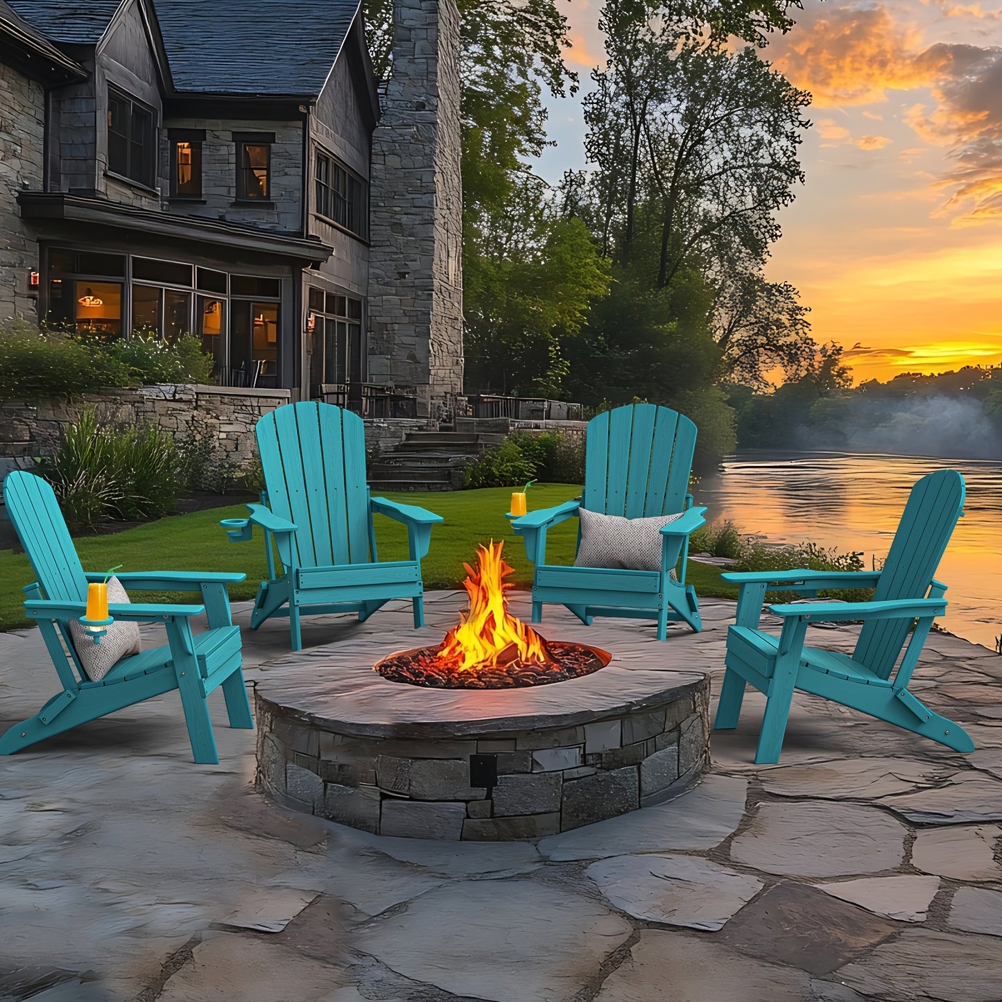 HDPE Folding Adirondack Chair 4Pack/6Pack, All-Weather Fire Pit Chairs with Cup Holder, Outdoor Lawn Chair for Patio Garden