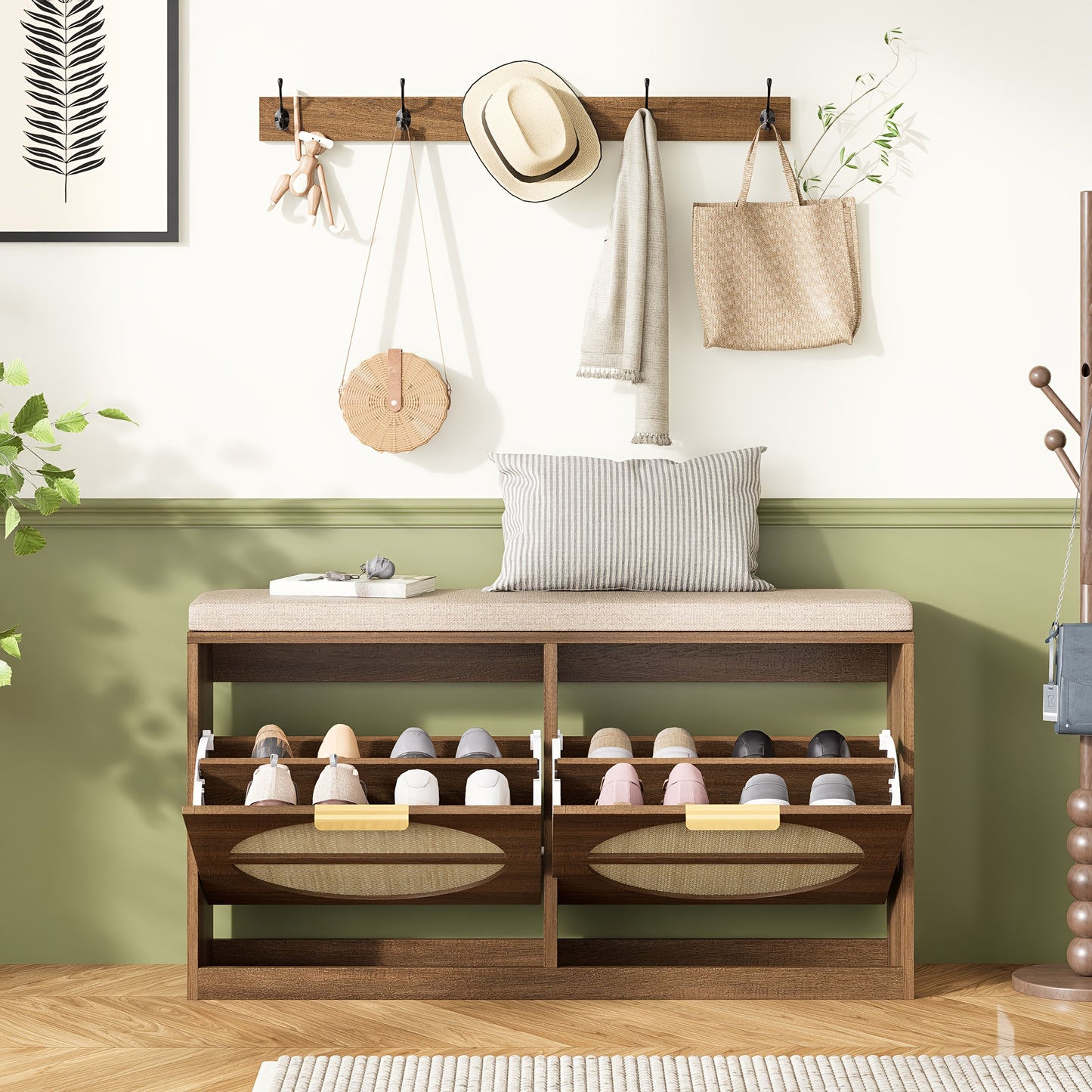 Porter Rattan Entryway Hall Tree | Shoe Storage, Bench & Hooks