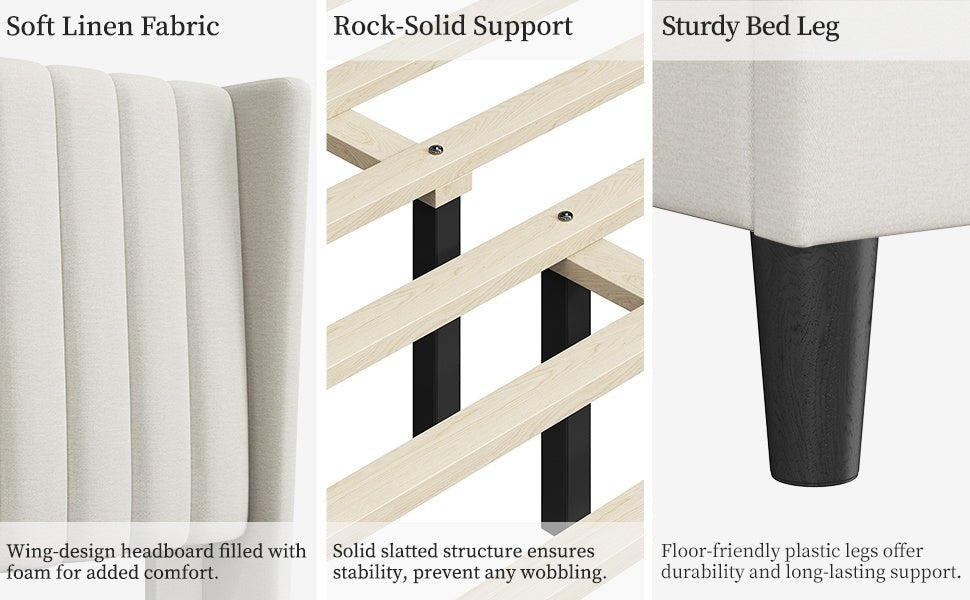 Sloane Wingback Bed – Upholstered Platform Frame, Easy Assembly - solid wood furniture by Chic Woods