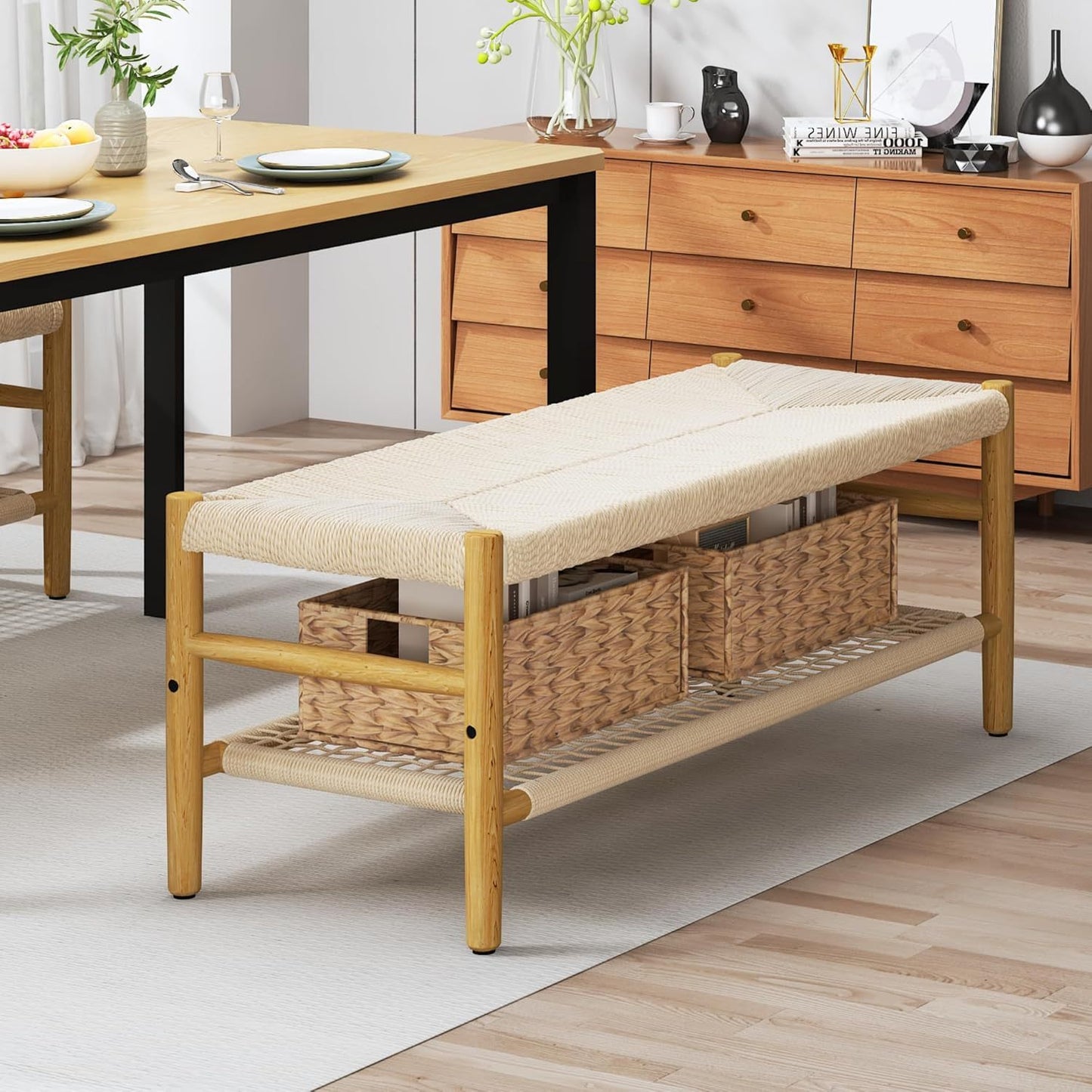 Cambria Rattan Storage Bench | 39” Woven Seat with Baskets