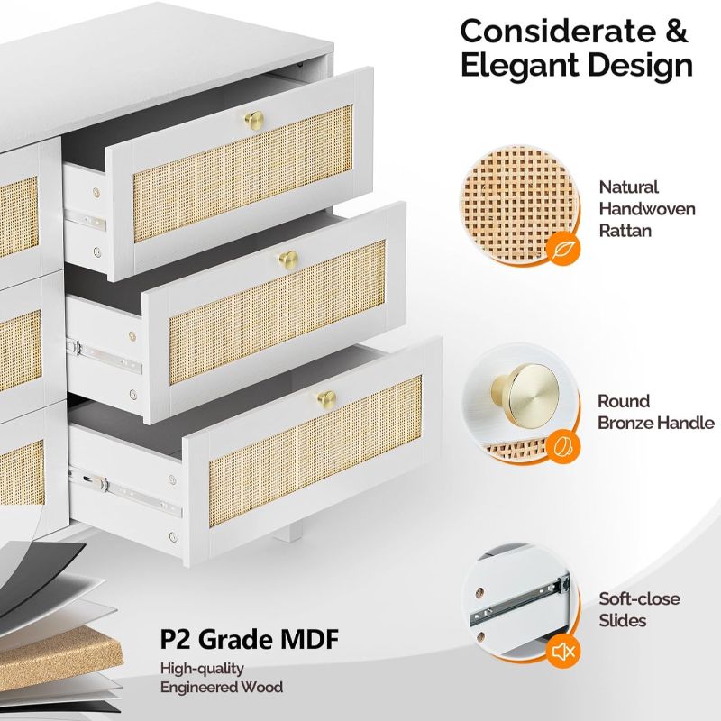 The Willow Bend 6 - Drawer Rattan Dresser — White - solid wood furniture by Chic Woods