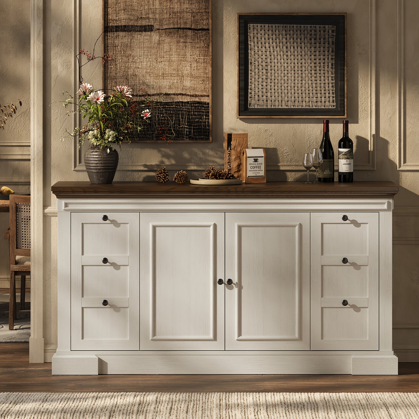 Heritage Farmhouse Buffet Cabinet – 63" Wooden Sideboard with Drawers & Doors