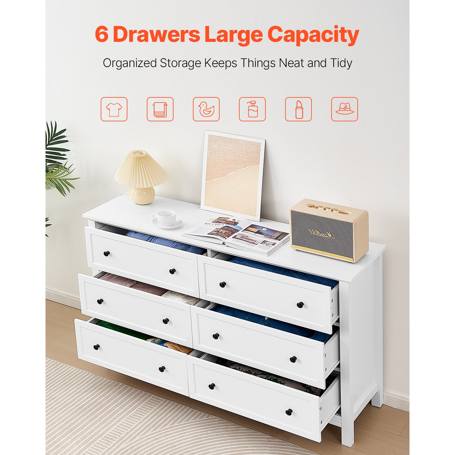 Harborview 6 - Drawer White Dresser – Anti - Tip Safety & Smooth - Slide Drawers - solid wood furniture by Chic Woods