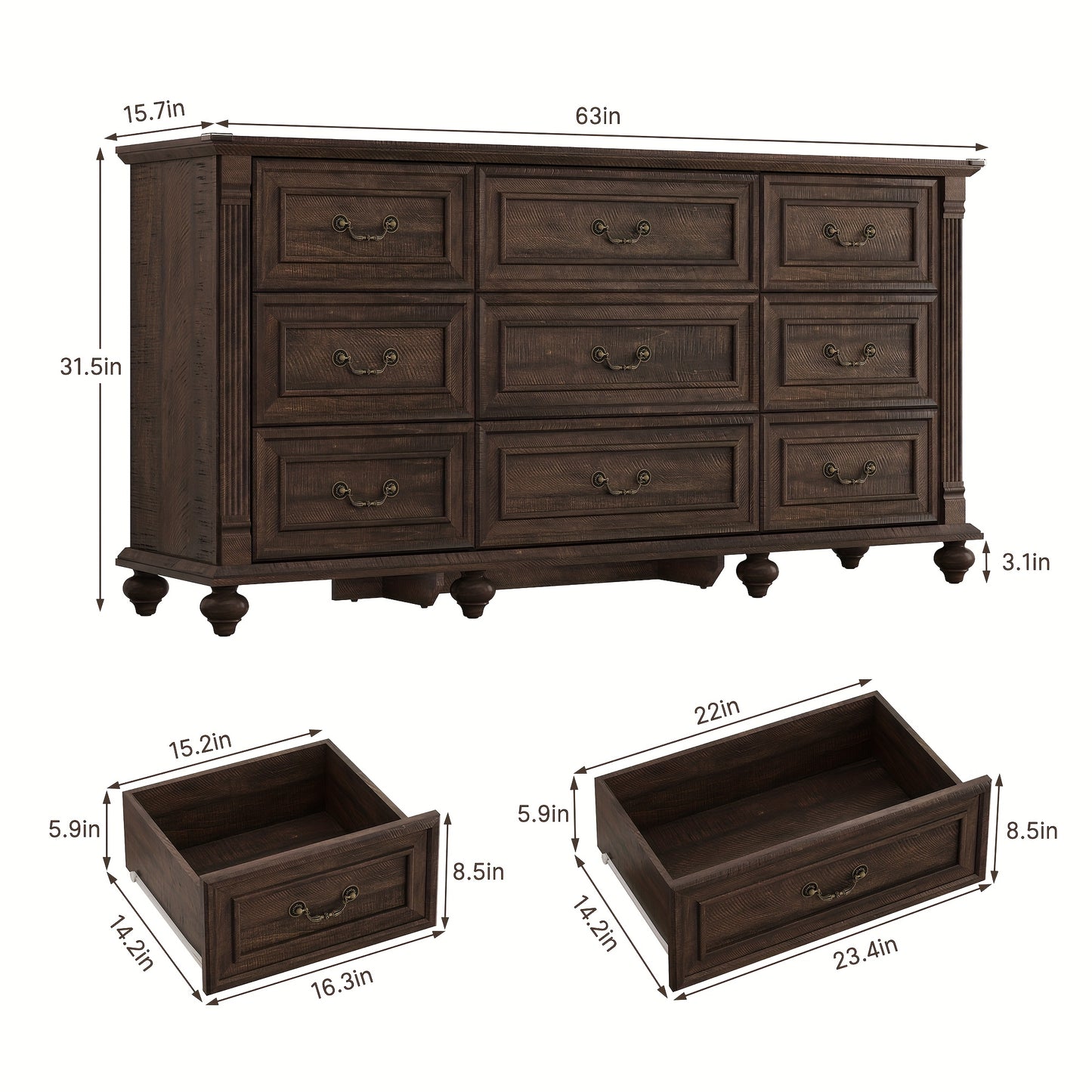 Classic Farmhouse 63″ Dresser with Nine Drawers & Architectural Detailing