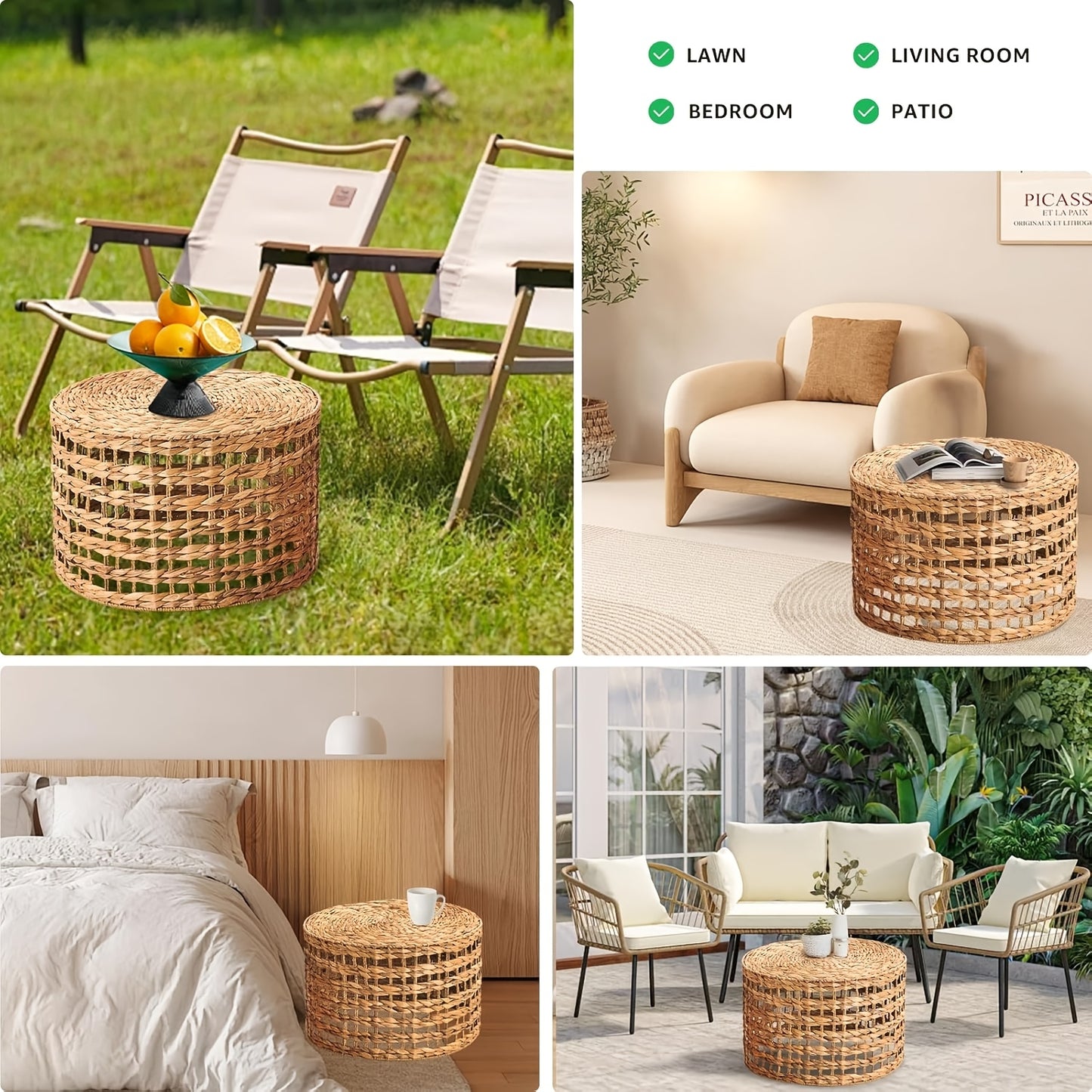 Set of 2 Handwoven Outdoor Side Tables – Natural Water Hyacinth Round Coffee Tables for Patio, Garden, Backyard, Indoor/Outdoor Plant or End Table – Bamboo Frame & Rattan Top