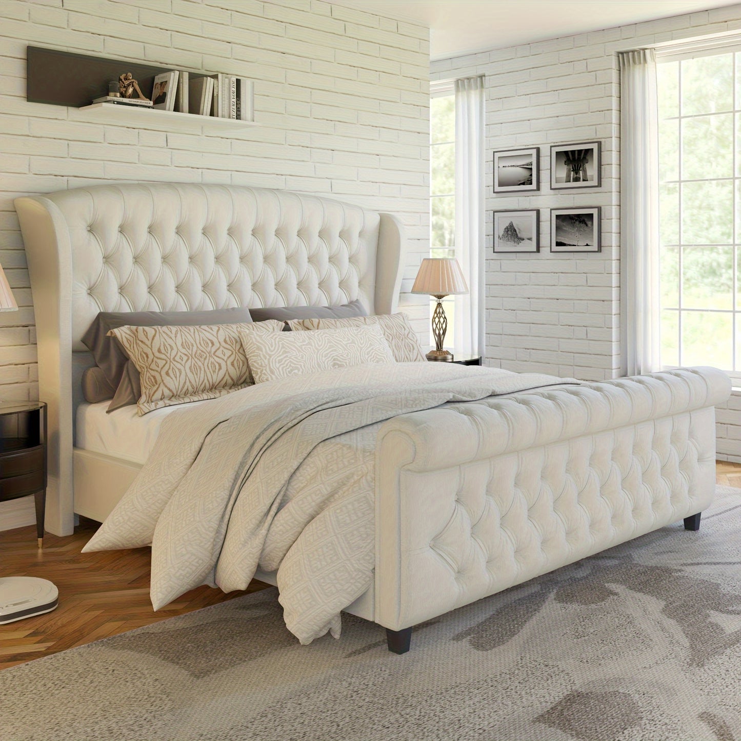 Seraphine Tufted Scroll Wingback Bed – Chenille Platform Support - solid wood furniture by Chic Woods