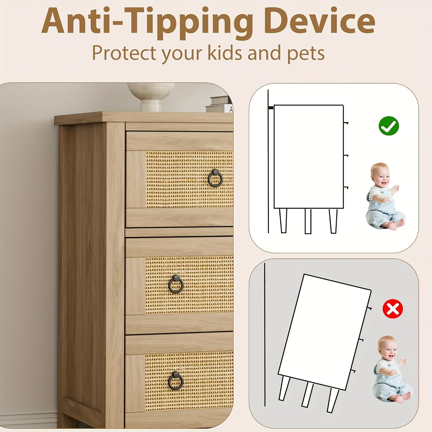 Hawthorn Cane - Front 7 - Drawer Dresser – Neutral Storage Chest - solid wood furniture by Chic Woods