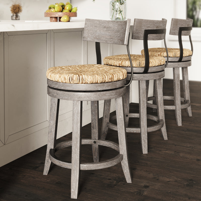 Farmhouse 26' Wood Counter Height Bar Stool with Natural Seagrass Seat Reclaimed Gray
