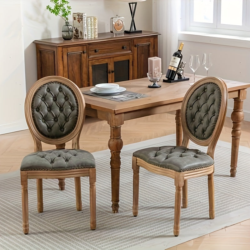 Classic French Style Dining Chairs- Solid Wood Frame, Faux Leather, Nail head accents