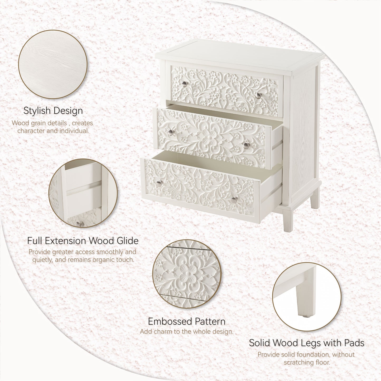 Rustic Farmhouse 3-Drawer Dresser with Floral Motif
