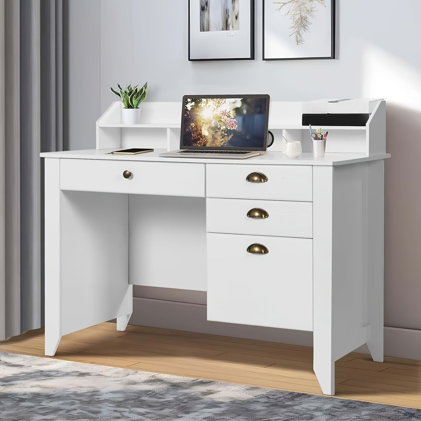 Chic Woods Home Collection — 47” Modern Home Office Desk with File Drawer & Elevated Monitor Shelf (Black + White) - solid wood furniture by Chic Woods