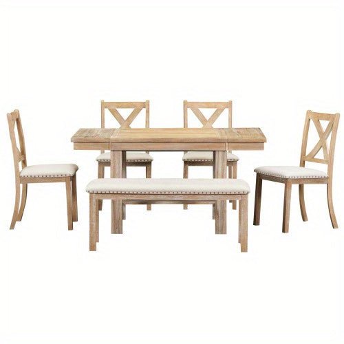 Thompson 6 - Piece Farmhouse Dining Set - 82" Extendable Table with Footrest, 4 Upholstered Chairs & Bench, Natural beige Cushions - solid wood furniture by Chic Woods