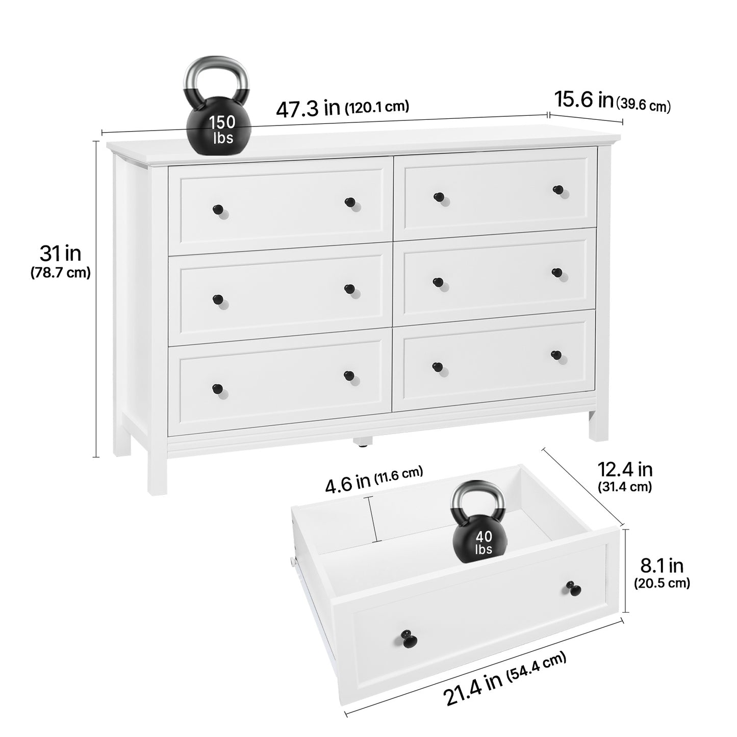 Harborview 6 - Drawer White Dresser – Anti - Tip Safety & Smooth - Slide Drawers - solid wood furniture by Chic Woods