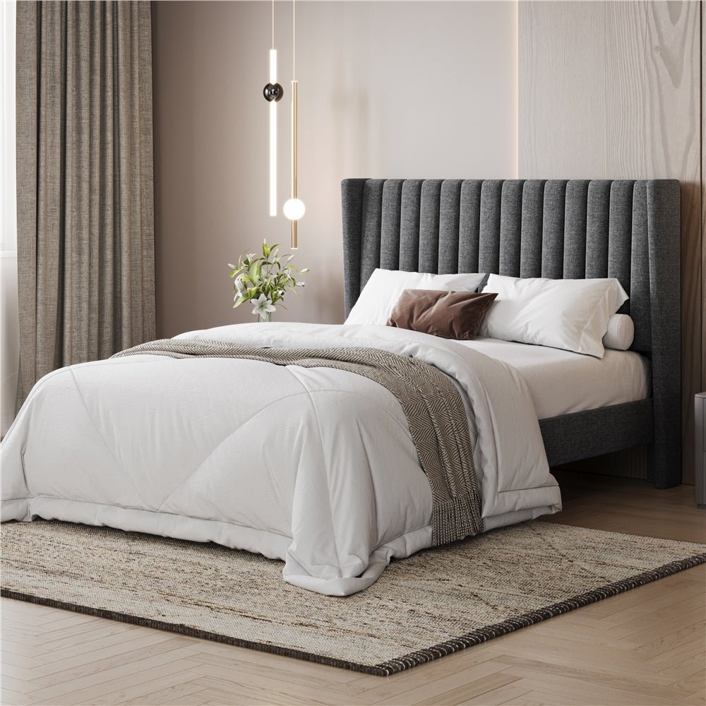 Sloane Wingback Bed – Upholstered Platform Frame, Easy Assembly - solid wood furniture by Chic Woods