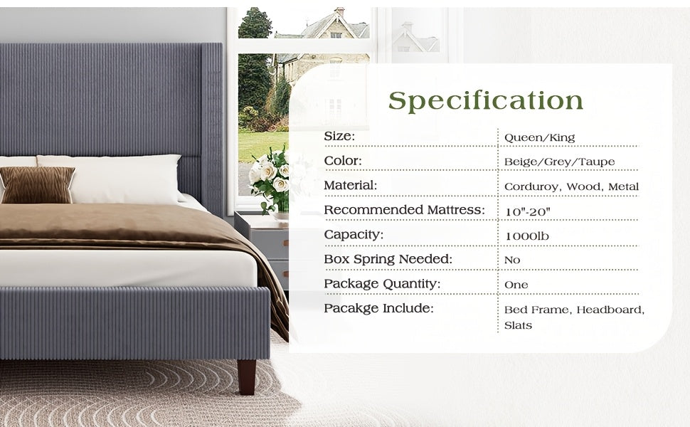 Upholstered Wingback Platform Bed Frame