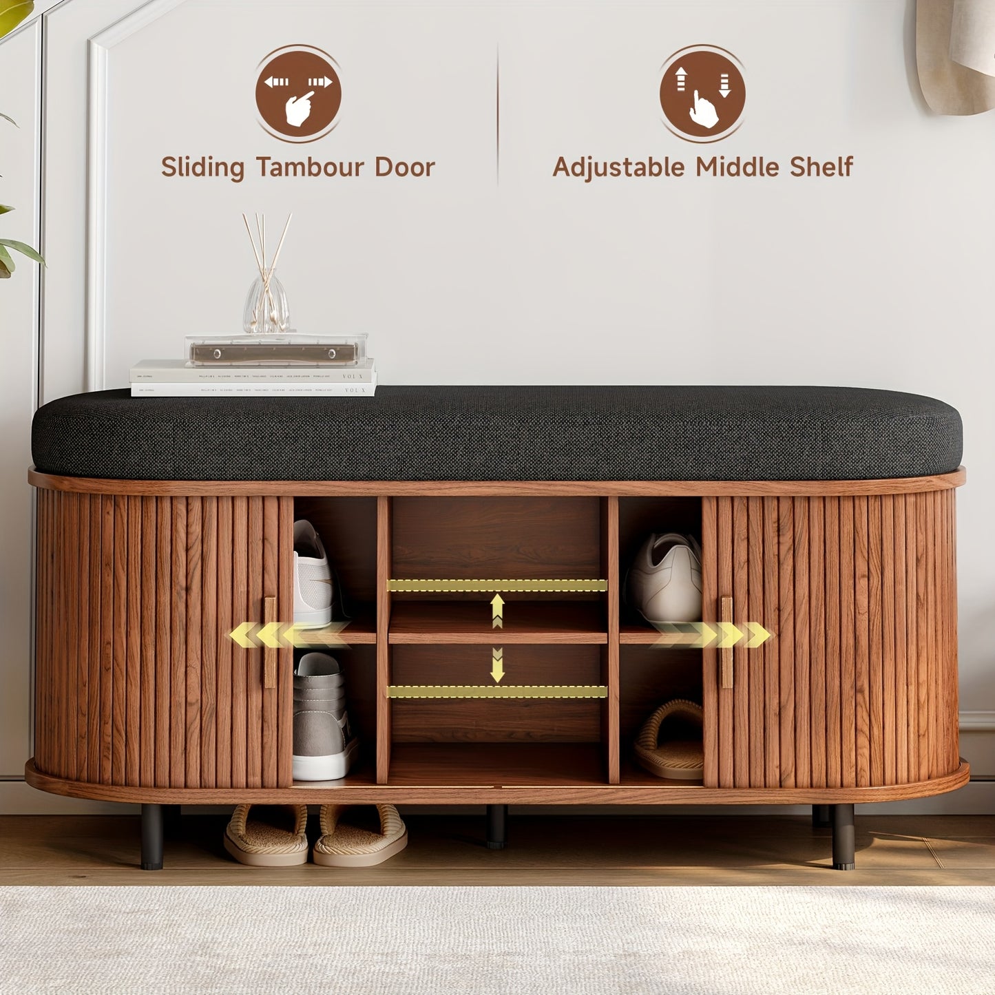 Arlington Walnut Entryway Bench with Sliding Door Shoe Storage