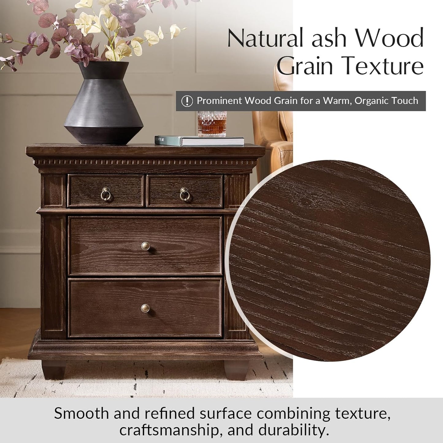 Walnut Nightstand with Charging Station & 3 Drawers