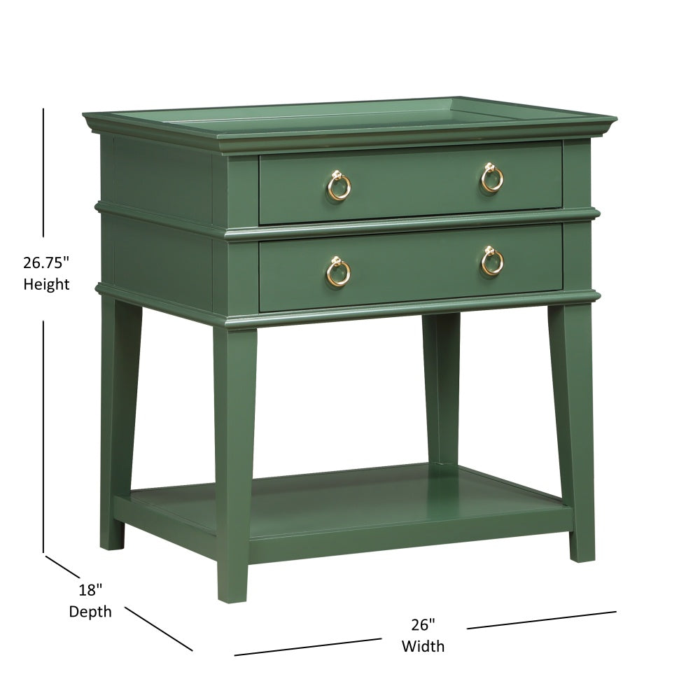 Evermere Vintage Green Nightstand | Tray-Top 2-Drawer Design
