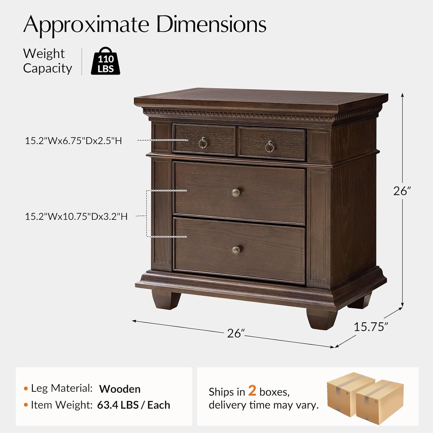 Walnut Nightstand with Charging Station & 3 Drawers