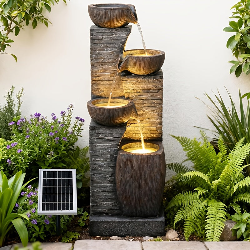 38.2" Solar Powered Water Fountain | 4 Tiers Modern Cascading Bowls and Stacked Stones with LED Lights, Grey Resin, Charging, Removable Battery — Ideal for Garden, Patio, Deck, Porch, Backyard, Lawns