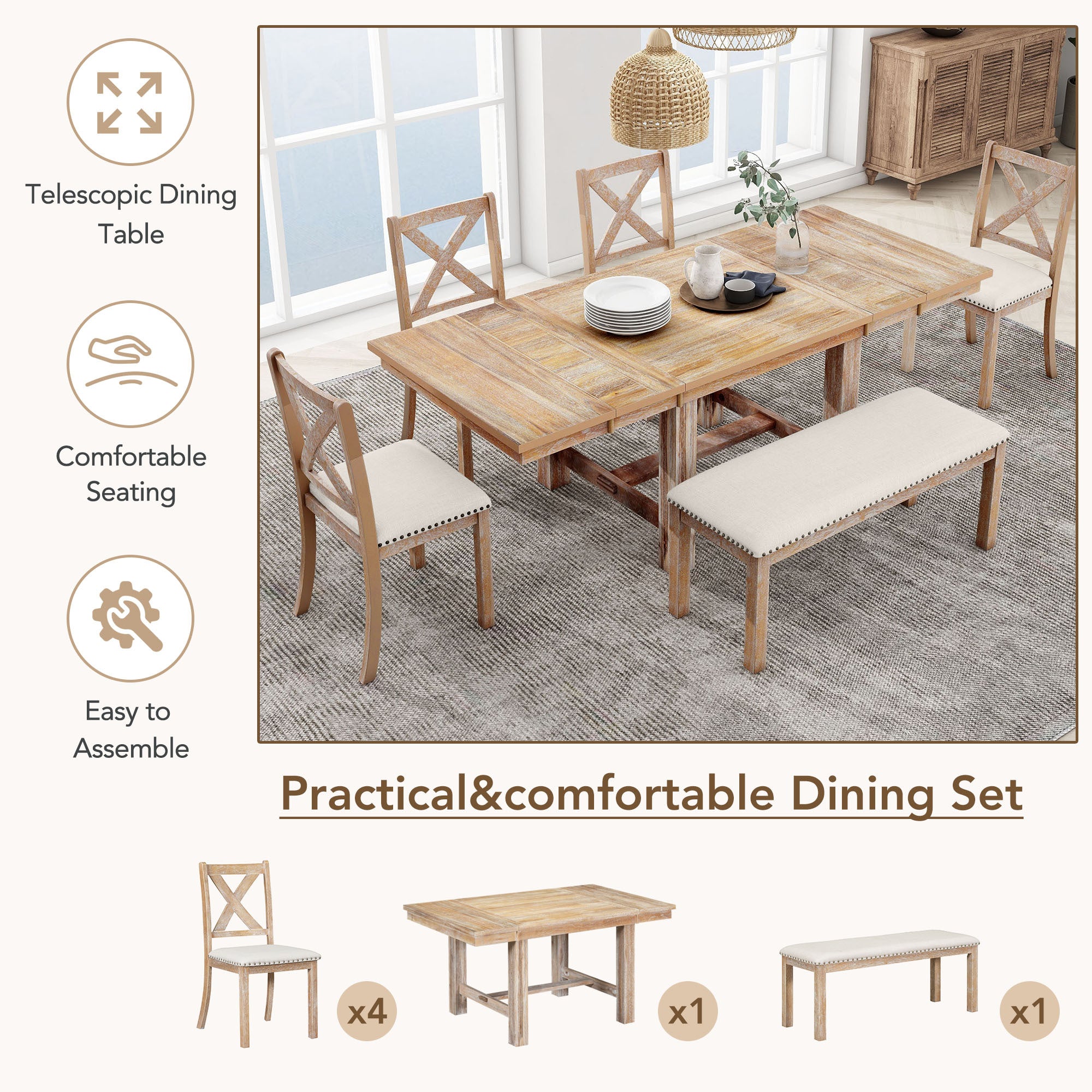 Thompson 6-Piece Farmhouse Dining Set- 82" Extendable Table with Footrest, 4 Upholstered Chairs & Bench, Natural beige Cushions