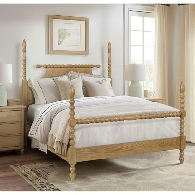 Cambridge Camel Oak Queen Bed | Solid Wood Turned-Post Frame