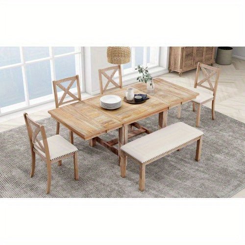 Thompson 6 - Piece Farmhouse Dining Set - 82" Extendable Table with Footrest, 4 Upholstered Chairs & Bench, Natural beige Cushions - solid wood furniture by Chic Woods