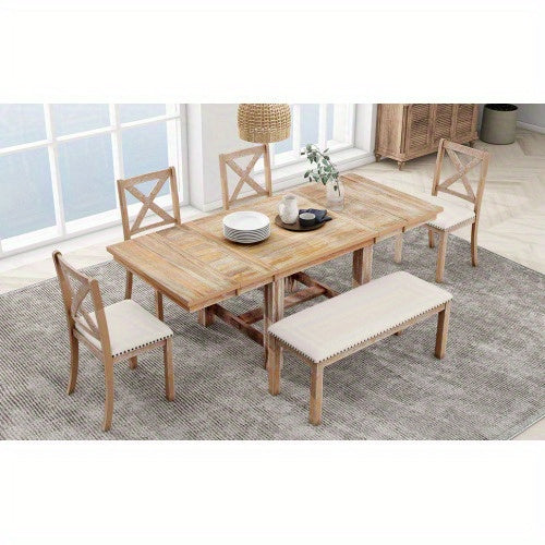Thompson 6-Piece Farmhouse Dining Set- 82" Extendable Table with Footrest, 4 Upholstered Chairs & Bench, Natural beige Cushions