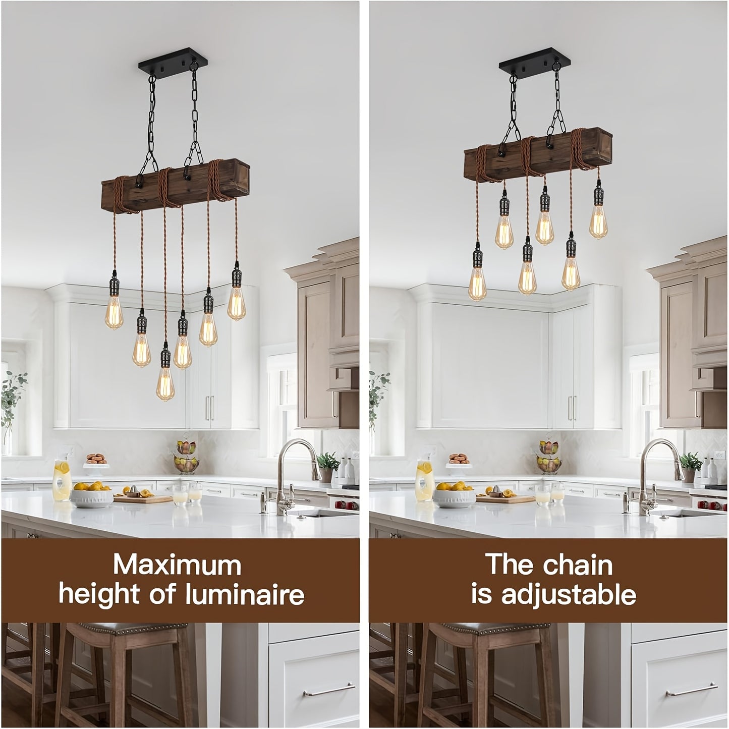[Rustic | Farmhouse] Rustic 6-Light Farmhouse Chandelier | Adjustable Height Wooden Pendant Light with Metal Sockets | for Kitchen Island, Dining Room, Bar, Pool Table, or Cabin - Warm Ambient Lighting for Cozy Spaces