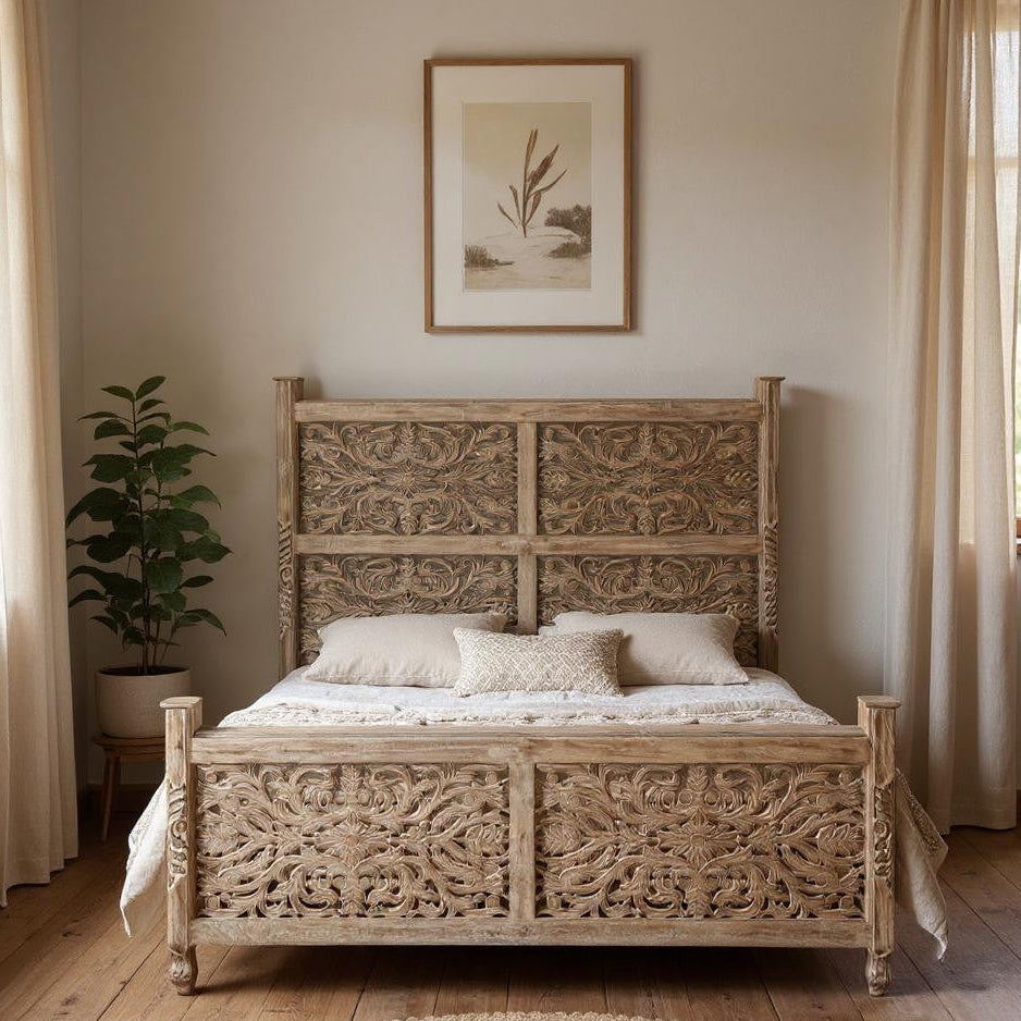 Florence Floral Hand-Carved Solid Wood King Bed