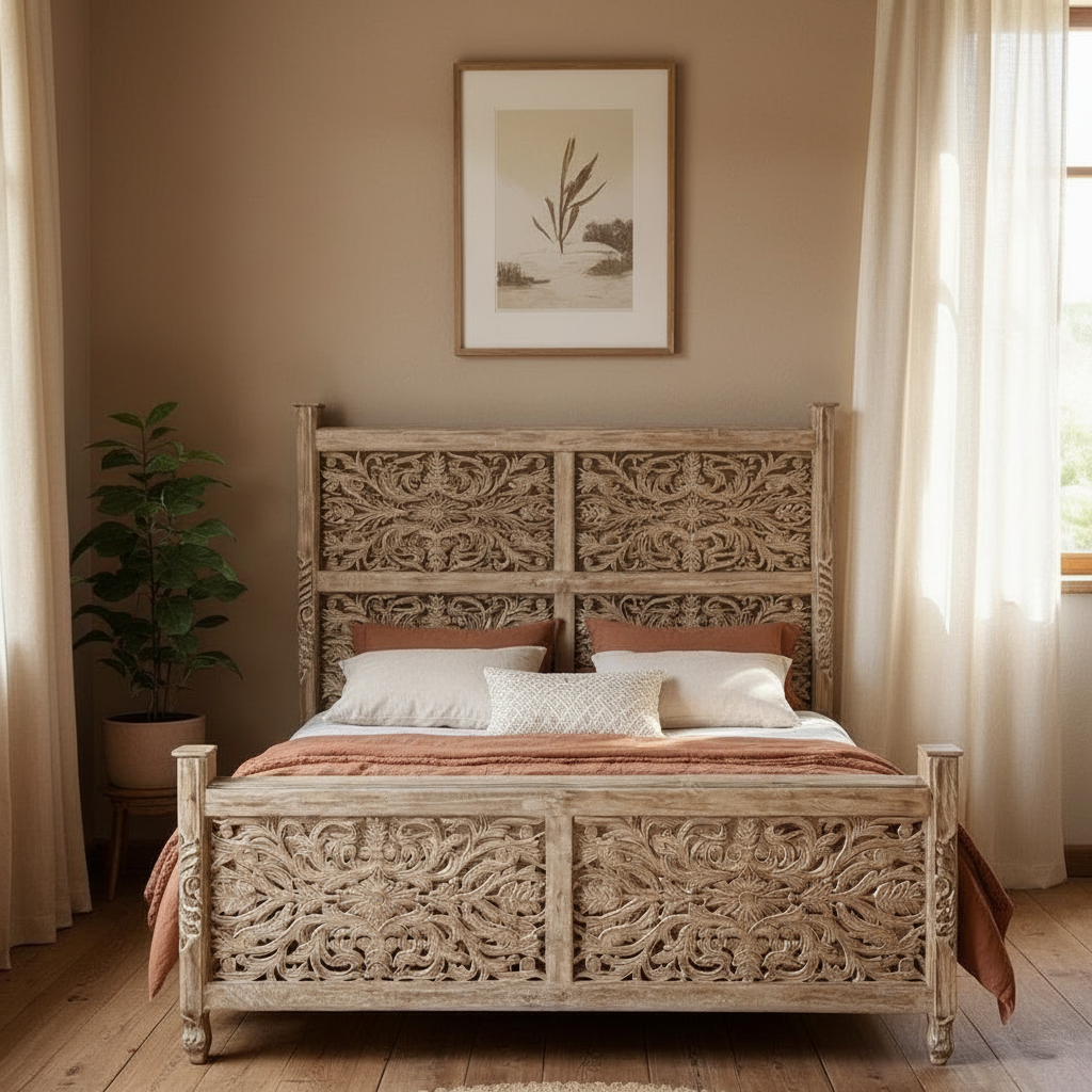 Florence Floral Hand-Carved Solid Wood King Bed
