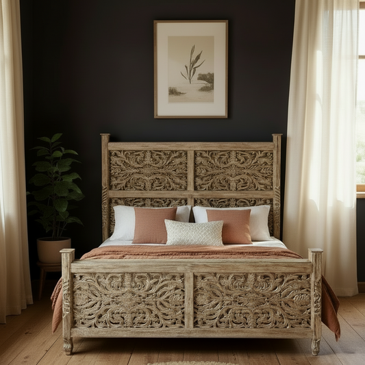 Florence Floral Hand-Carved Solid Wood King Bed