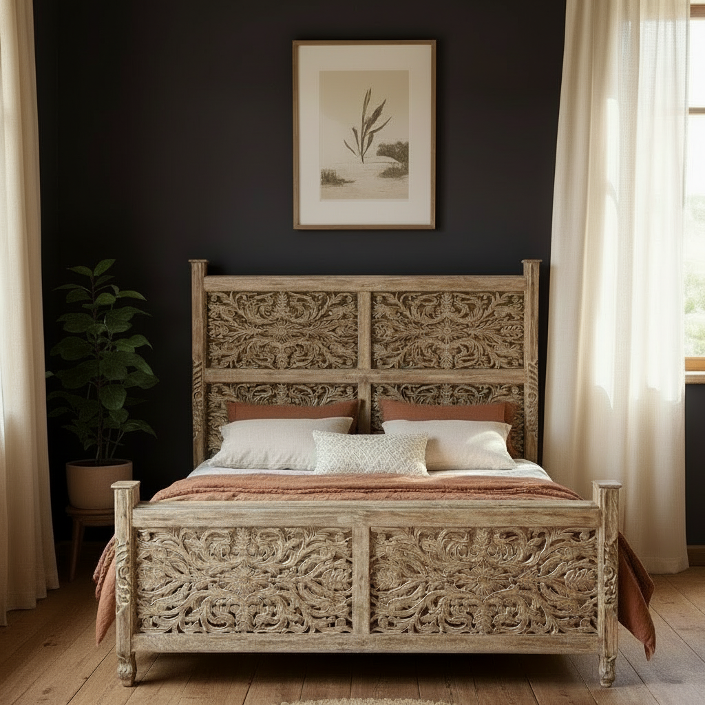 Florence Floral Hand-Carved Solid Wood King Bed