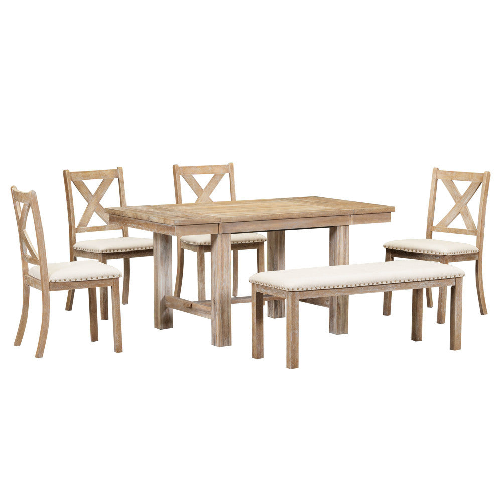 Thompson 6-Piece Farmhouse Dining Set- 82" Extendable Table with Footrest, 4 Upholstered Chairs & Bench, Natural beige Cushions