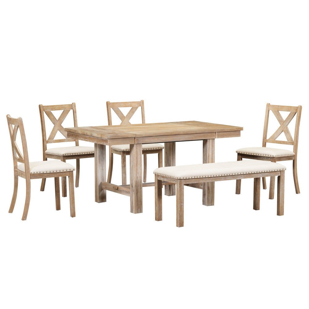 Thompson 6 - Piece Farmhouse Dining Set - 82" Extendable Table with Footrest, 4 Upholstered Chairs & Bench, Natural beige Cushions - solid wood furniture by Chic Woods