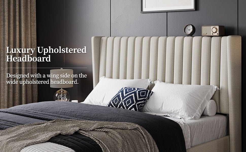 Sloane Wingback Bed – Upholstered Platform Frame, Easy Assembly - solid wood furniture by Chic Woods