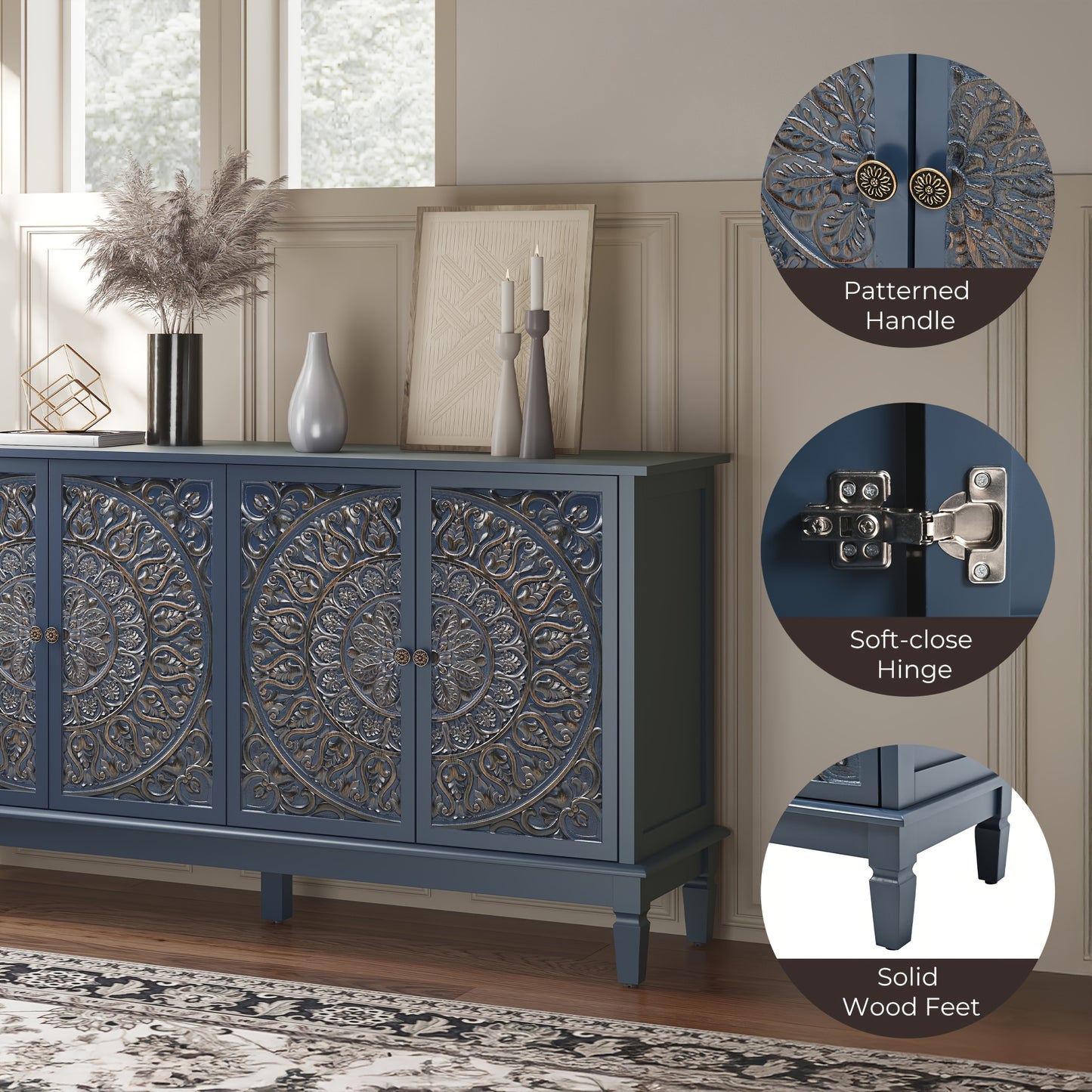 59" Modern Sideboard Buffet Cabinet | Carved and Painted Floral Door Panel, Adjustable Shelves, 4-Door Wood Storage Cabinet Suitable for Entryway, Dining Room, Living Room, Bedroom, TV Console, Hardwood, Assembly Required