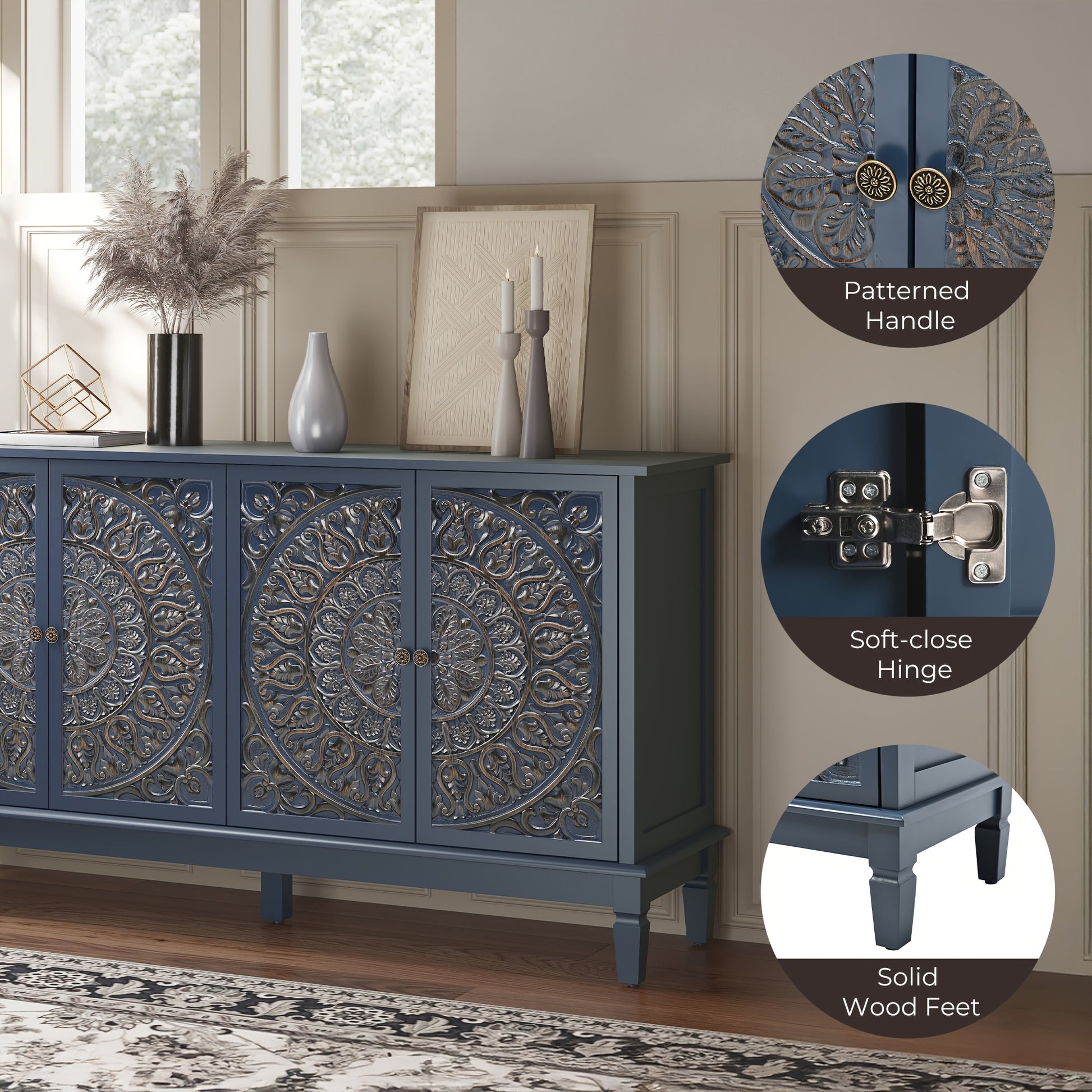 59" Modern Sideboard Buffet Cabinet | Carved and Painted Floral Door Panel, Adjustable Shelves, 4-Door Wood Storage Cabinet Suitable for Entryway, Dining Room, Living Room, Bedroom, TV Console, Hardwood, Assembly Required