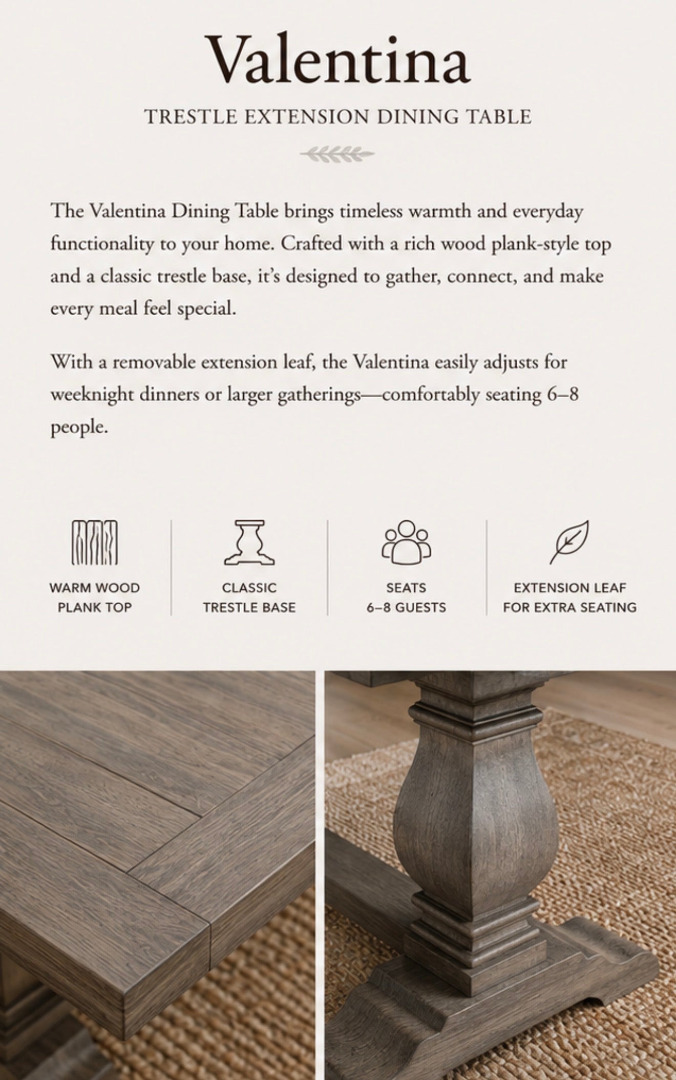 Valentina 78” Solid Wood Trestle Dining Table