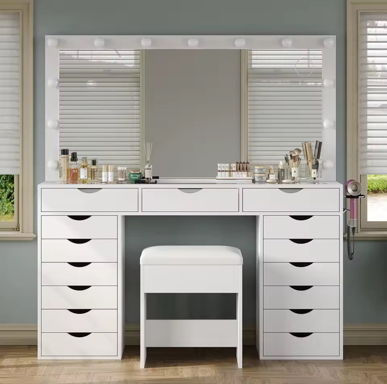 Illuminated vanity desk with stool